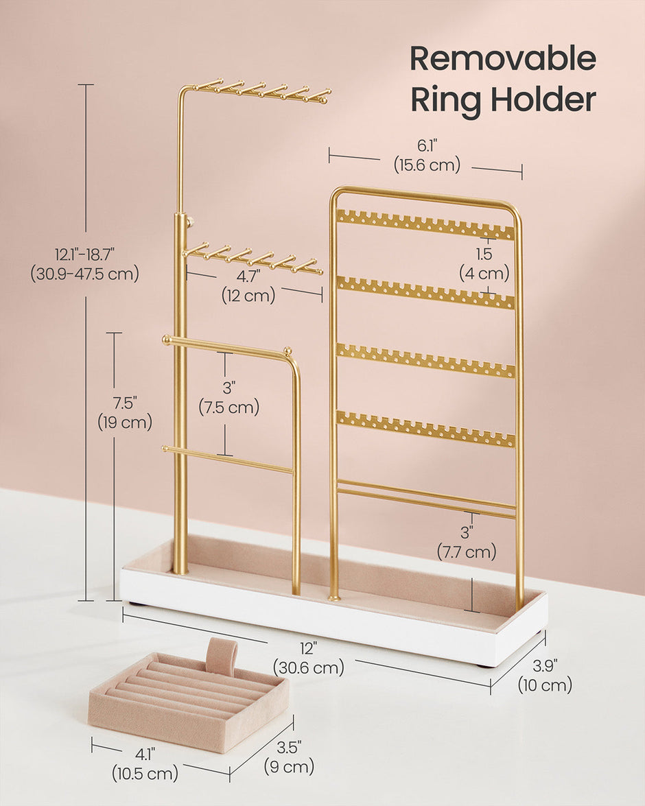 Jewellery Organiser – Metal Frame and Velvet – Matte White – Adjustable Height Necklace Holder