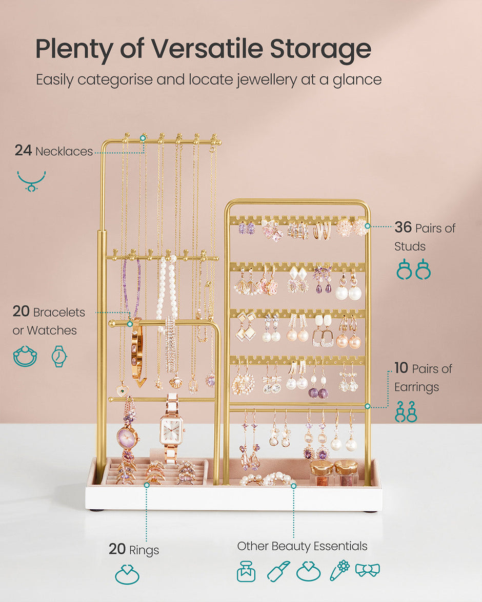 Jewellery Organiser – Metal Frame and Velvet – Matte White – Adjustable Height Necklace Holder