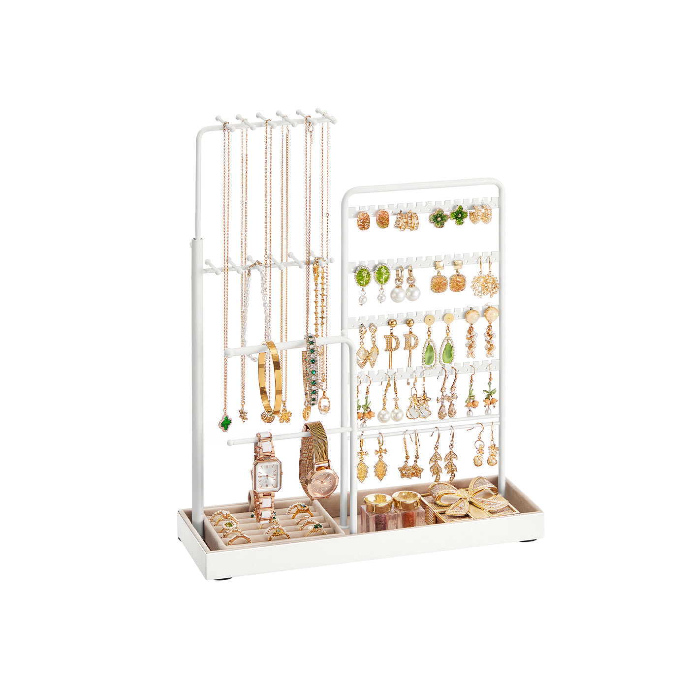Jewellery Organiser – Metal Frame and Velvet – Matte White – Adjustable Height Necklace Holder