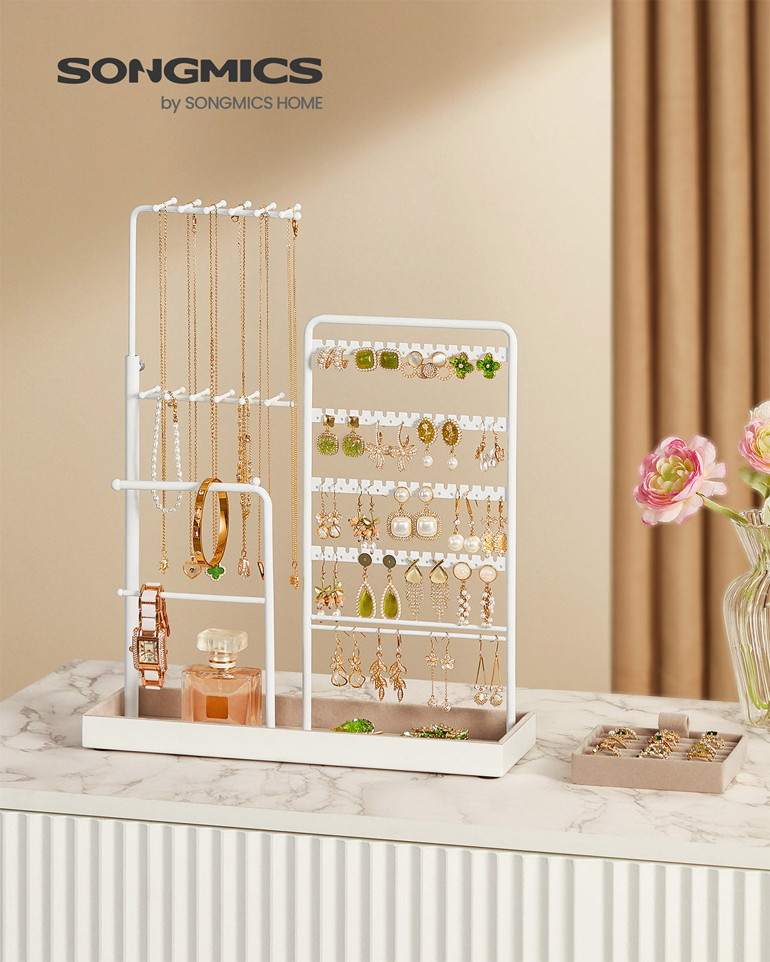 Jewellery Organiser – Metal Frame and Velvet – Matte White – Adjustable Height Necklace Holder