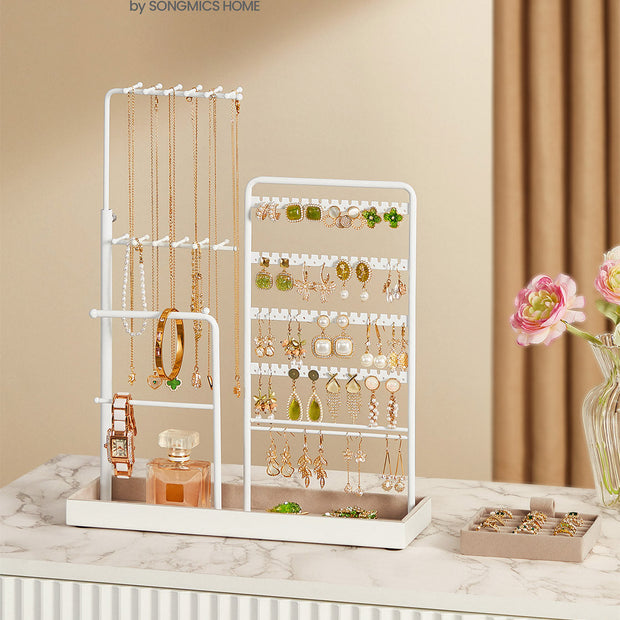 Jewellery Organiser – Metal Frame and Velvet – Matte White – Adjustable Height Necklace Holder