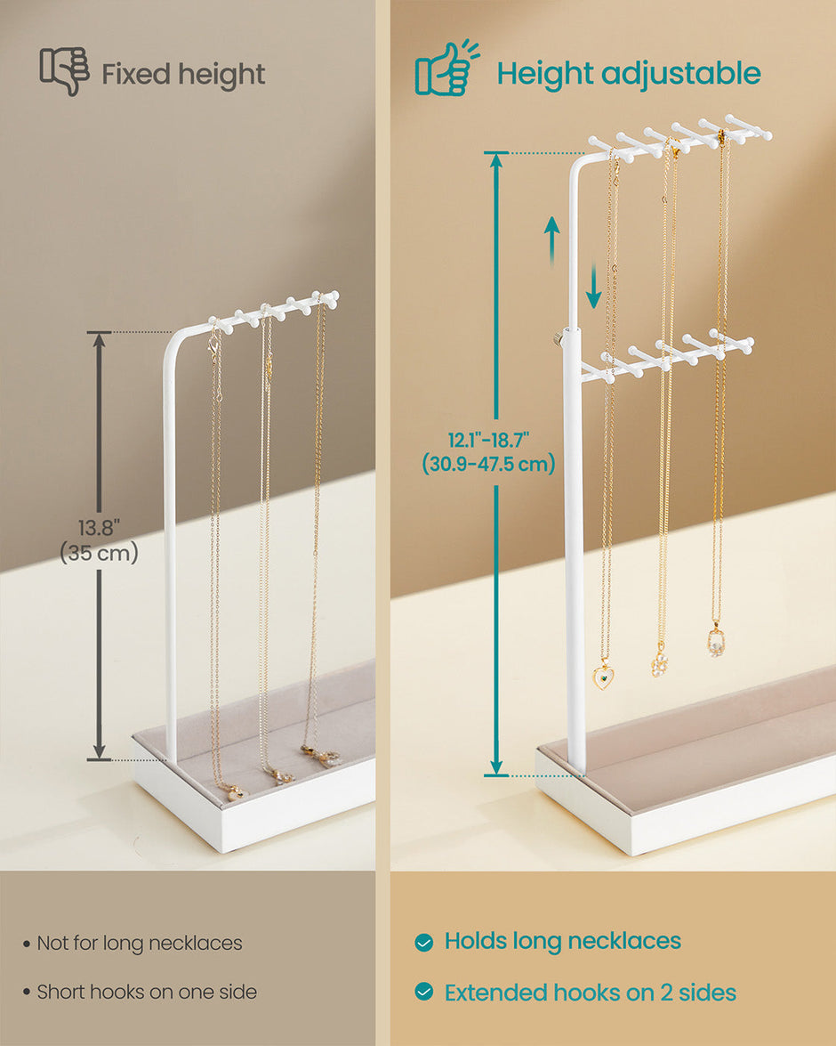 Jewellery Organiser – Metal Frame and Velvet – Matte White – Adjustable Height Necklace Holder
