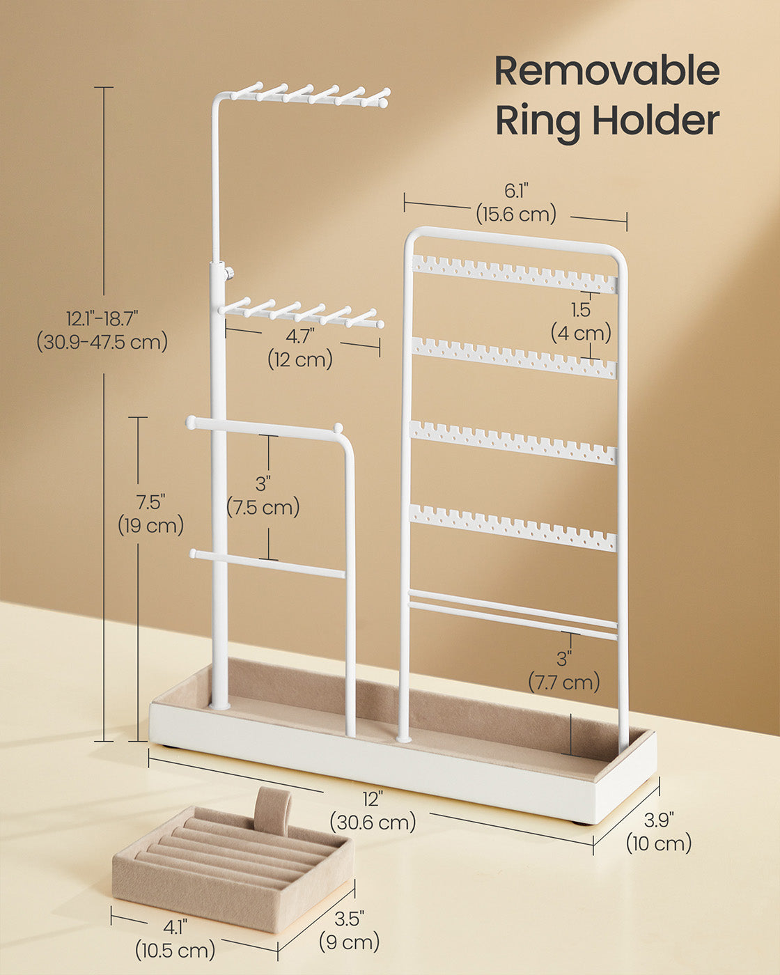 Jewellery Organiser – Metal Frame and Velvet – Matte White – Adjustable Height Necklace Holder