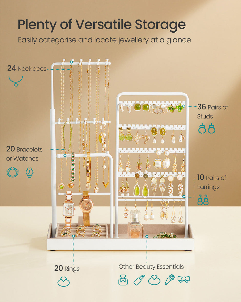 Jewellery Organiser – Metal Frame and Velvet – Matte White – Adjustable Height Necklace Holder