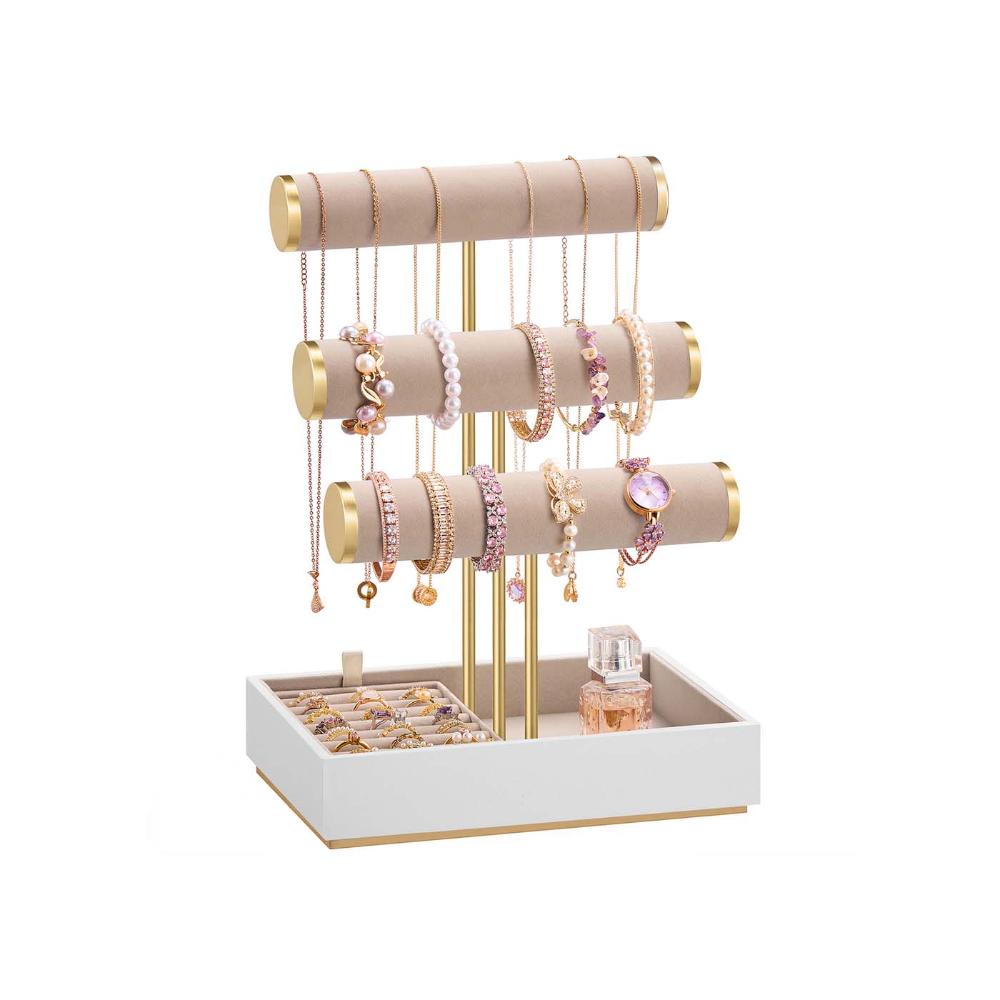 Jewellery Display Stand – Velvet – Cloud White and Camel Brown – Three Tiers with Removable Holder
