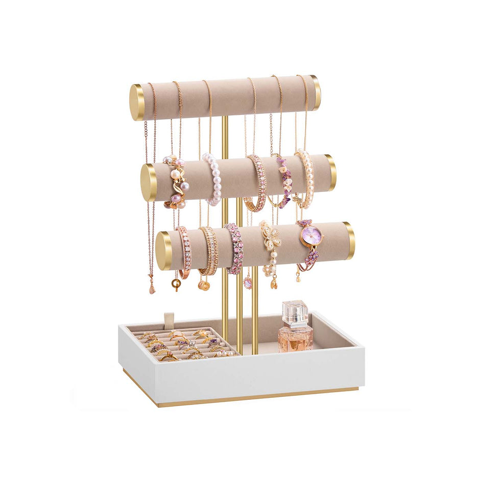 Jewellery Display Stand – Velvet – Cloud White and Camel Brown – Three Tiers with Removable Holder
