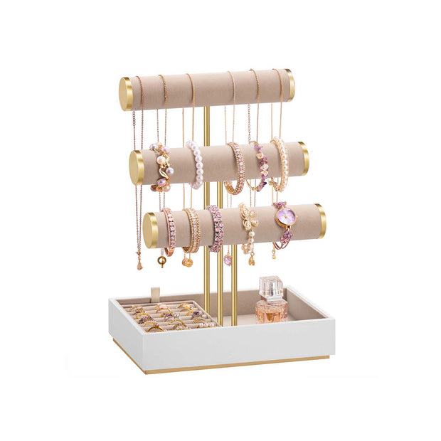 Jewellery Display Stand – Velvet – Cloud White and Camel Brown – Three Tiers with Removable Holder