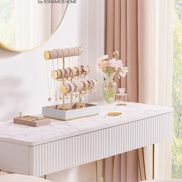 Jewellery Display Stand – Velvet – Cloud White and Camel Brown – Three Tiers with Removable Holder