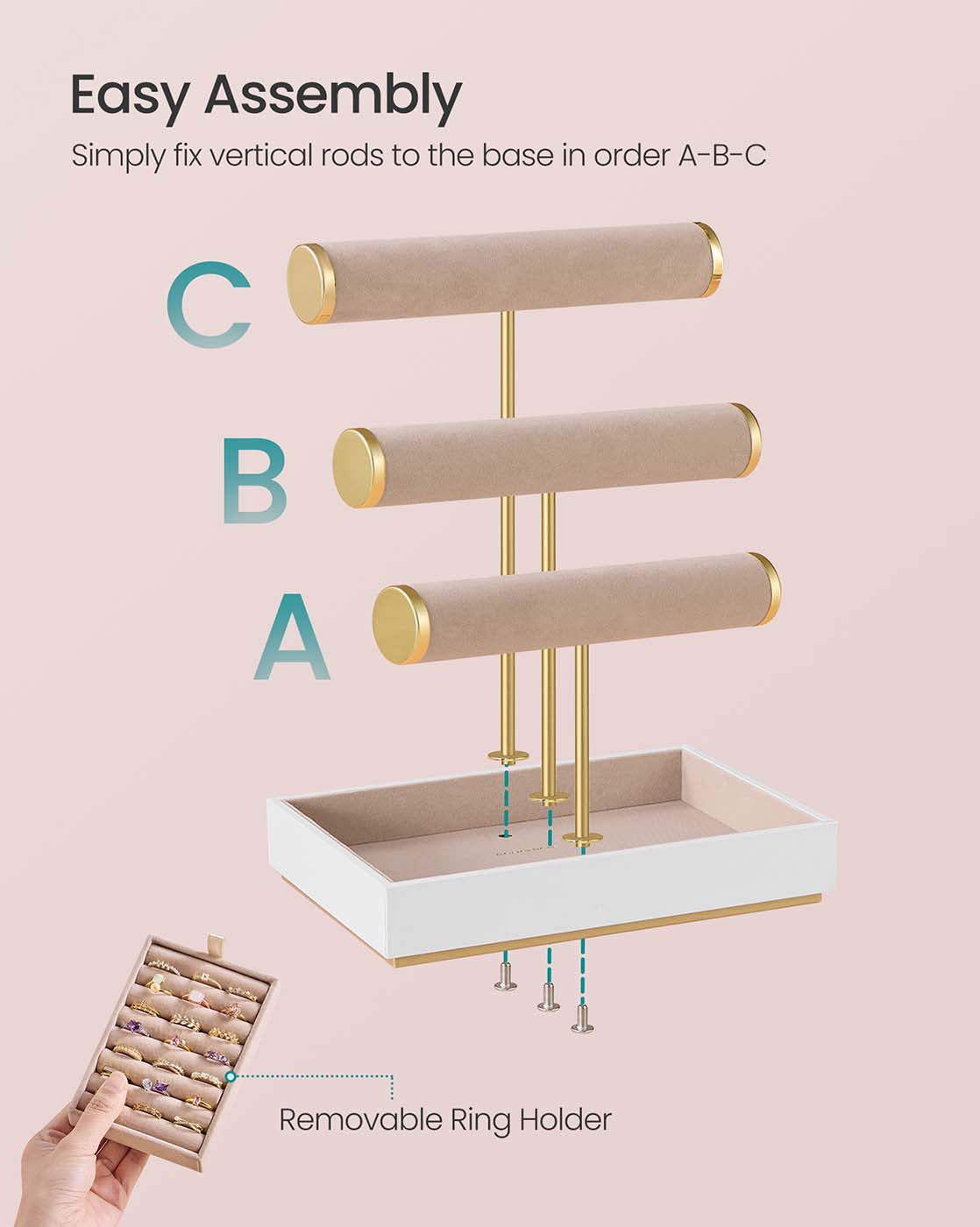 Jewellery Display Stand – Velvet – Cloud White and Camel Brown – Three Tiers with Removable Holder