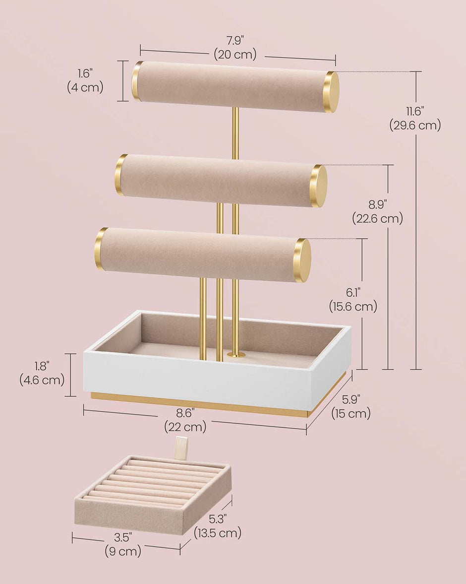 Jewellery Display Stand – Velvet – Cloud White and Camel Brown – Three Tiers with Removable Holder