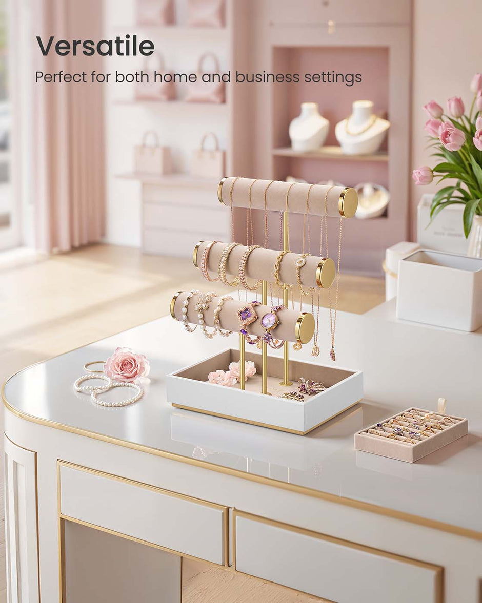 Jewellery Display Stand – Velvet – Cloud White and Camel Brown – Three Tiers with Removable Holder