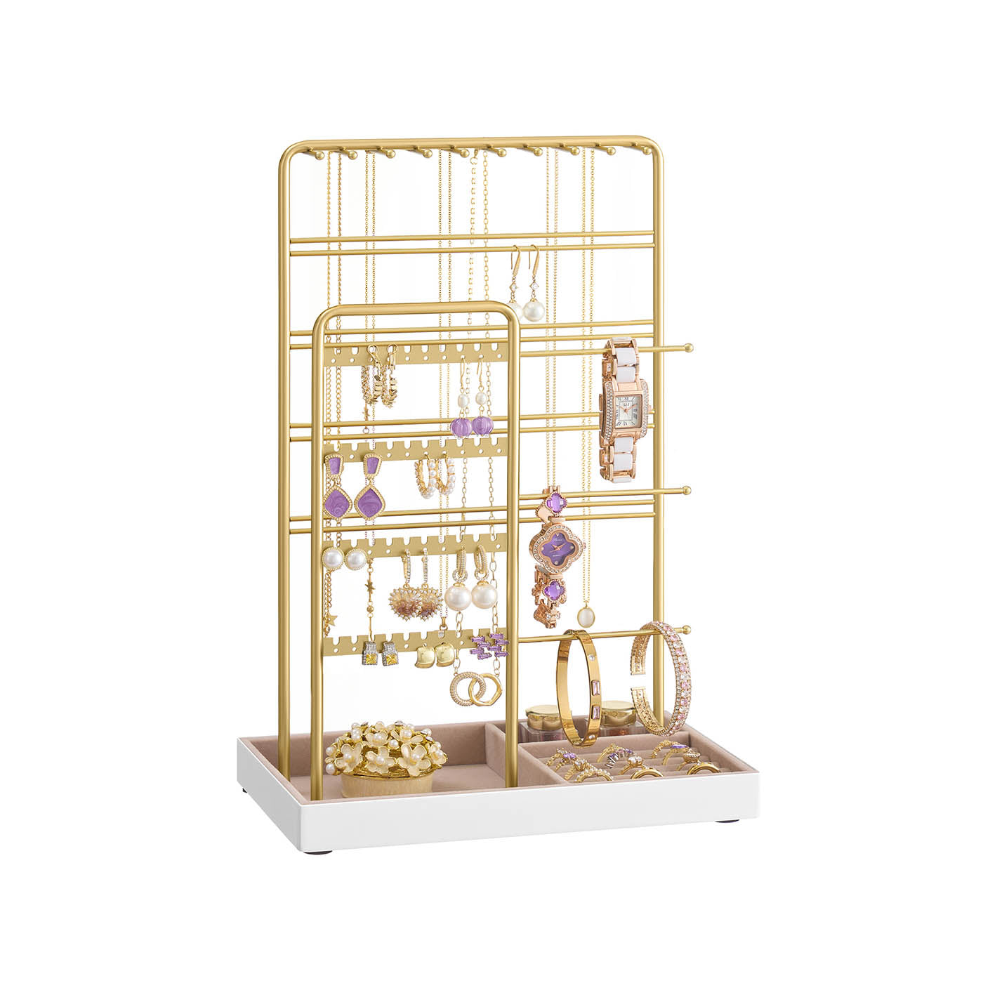 Jewellery Stand – Metal – Pale Gold – Velvet Tray with Earring and Necklace Holder