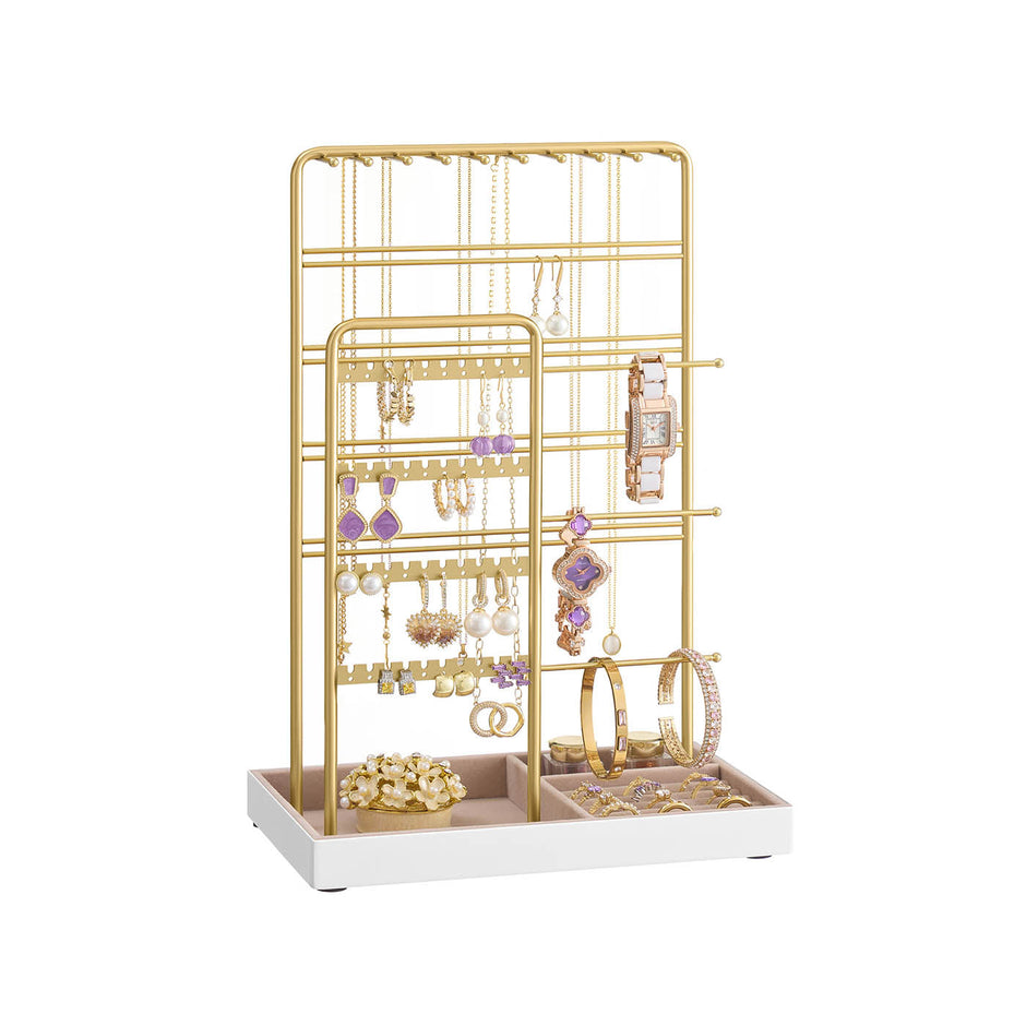Jewellery Stand – Metal – Pale Gold – Velvet Tray with Earring and Necklace Holder