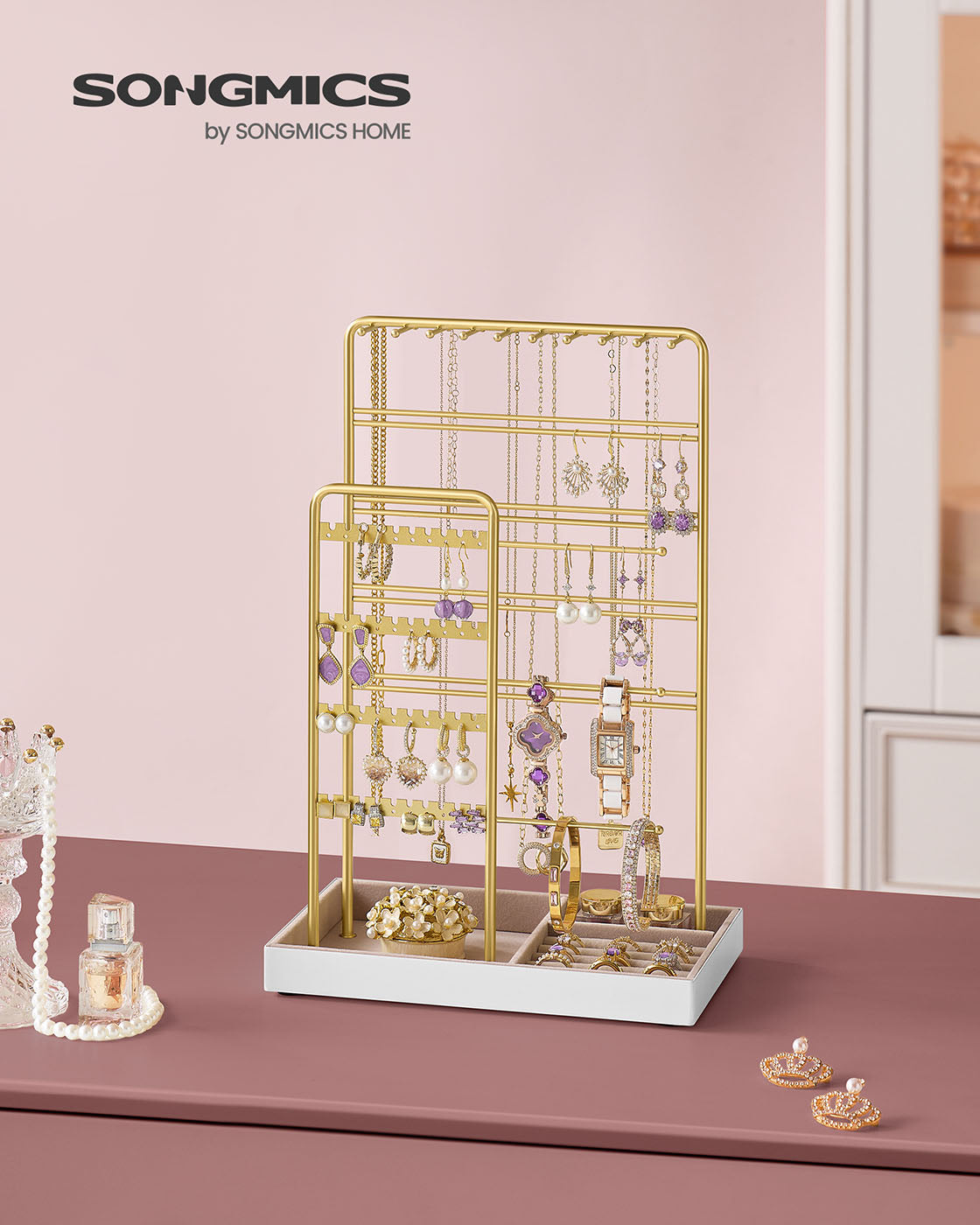 Jewellery Stand – Metal – Pale Gold – Velvet Tray with Earring and Necklace Holder