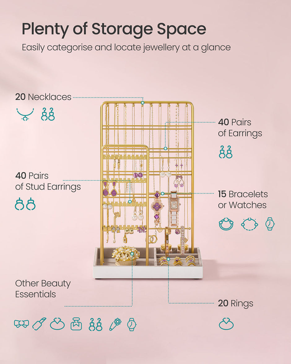 Jewellery Stand – Metal – Pale Gold – Velvet Tray with Earring and Necklace Holder