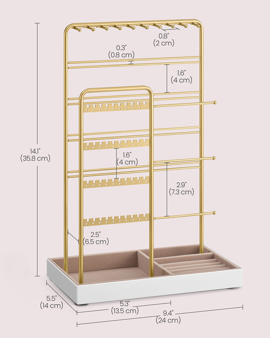 Jewellery Stand – Metal – Pale Gold – Velvet Tray with Earring and Necklace Holder