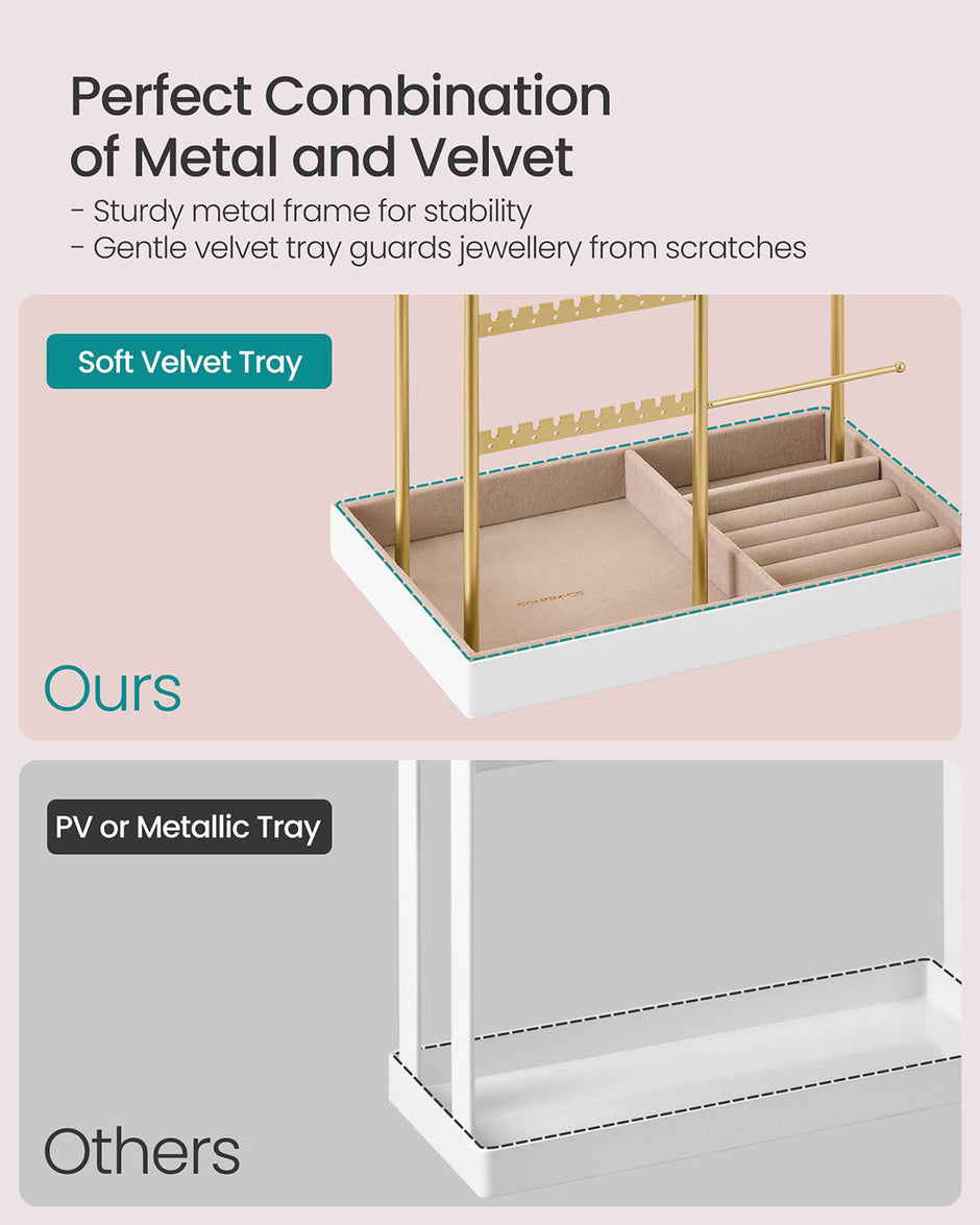Jewellery Stand – Metal – Pale Gold – Velvet Tray with Earring and Necklace Holder