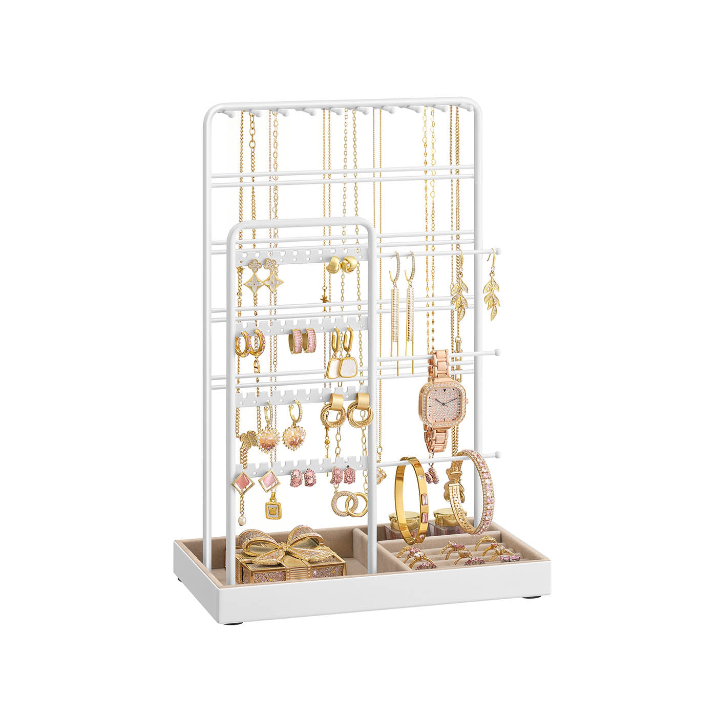 Jewellery Organiser – Metal Frame – Matte White – Velvet Tray with Earring and Bracelet Holders