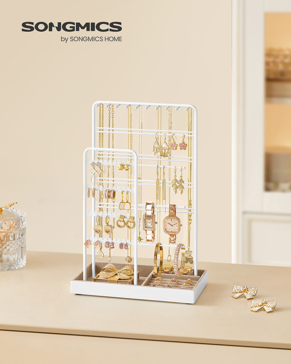 Jewellery Organiser – Metal Frame – Matte White – Velvet Tray with Earring and Bracelet Holders