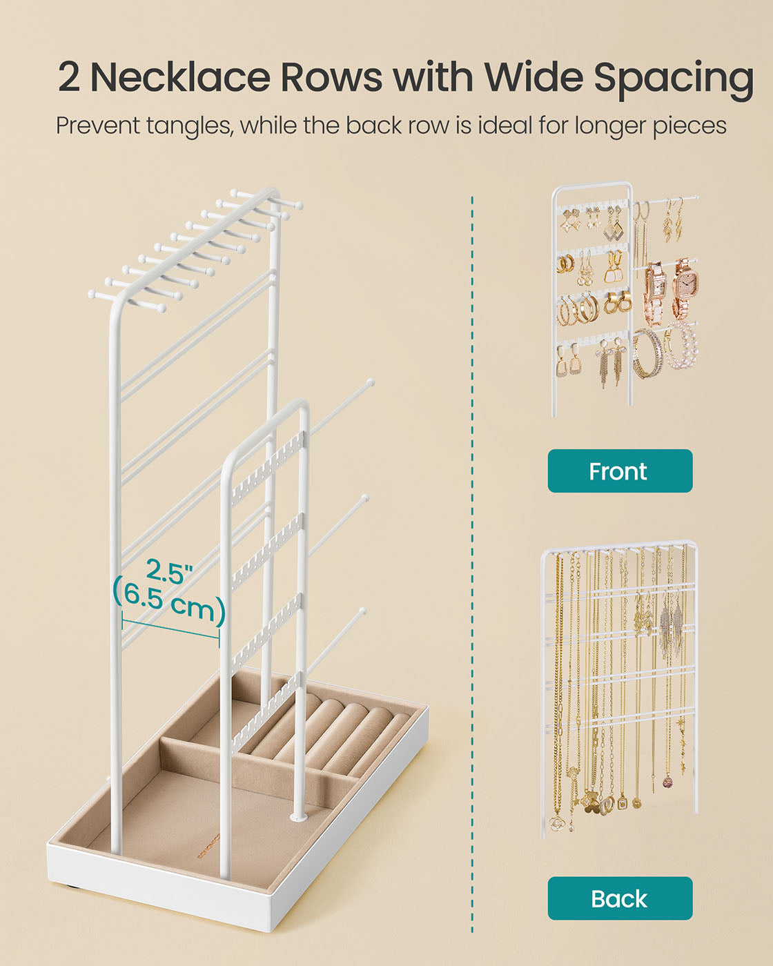Jewellery Organiser – Metal Frame – Matte White – Velvet Tray with Earring and Bracelet Holders