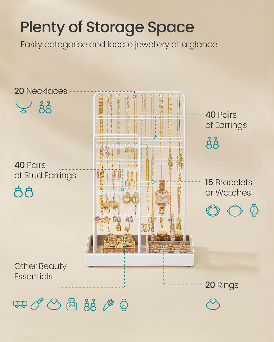 Jewellery Organiser – Metal Frame – Matte White – Velvet Tray with Earring and Bracelet Holders