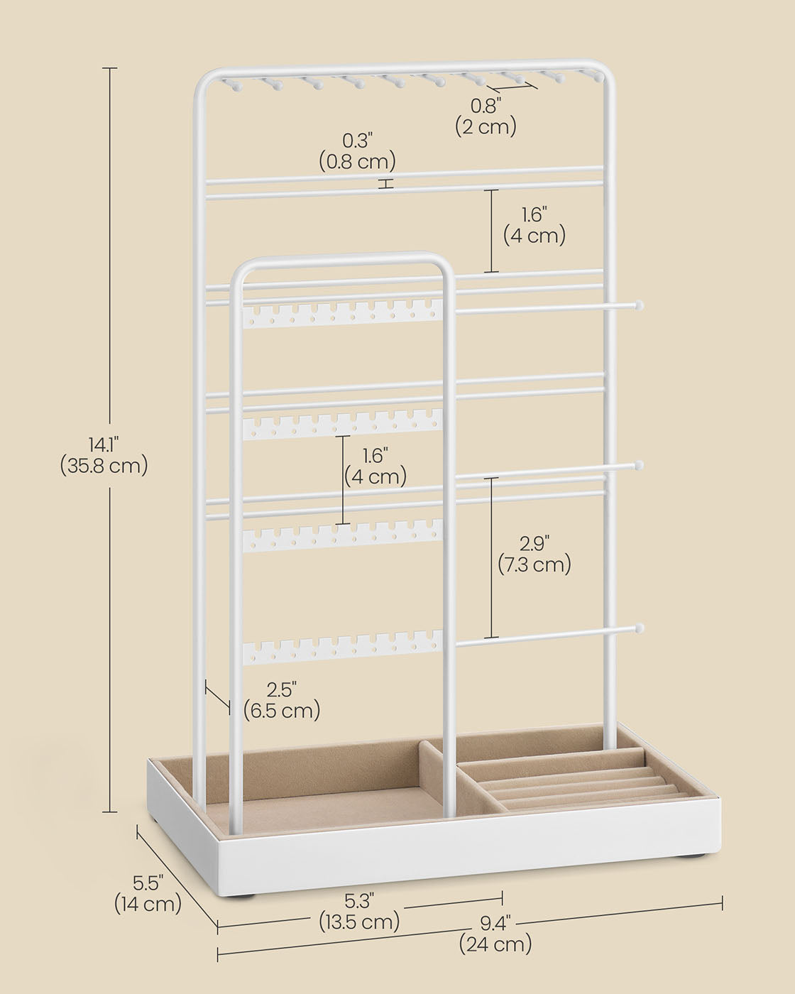 Jewellery Organiser – Metal Frame – Matte White – Velvet Tray with Earring and Bracelet Holders