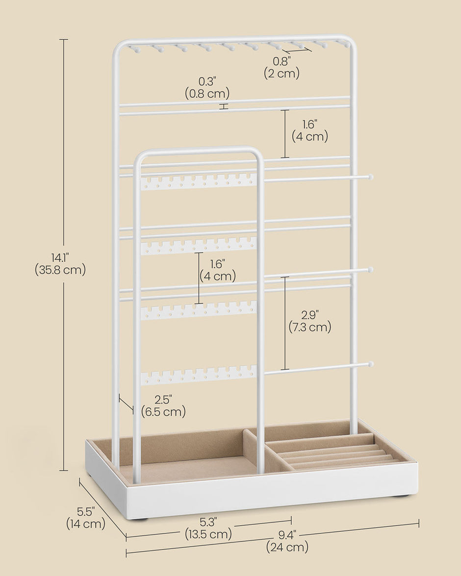 Jewellery Organiser – Metal Frame – Matte White – Velvet Tray with Earring and Bracelet Holders