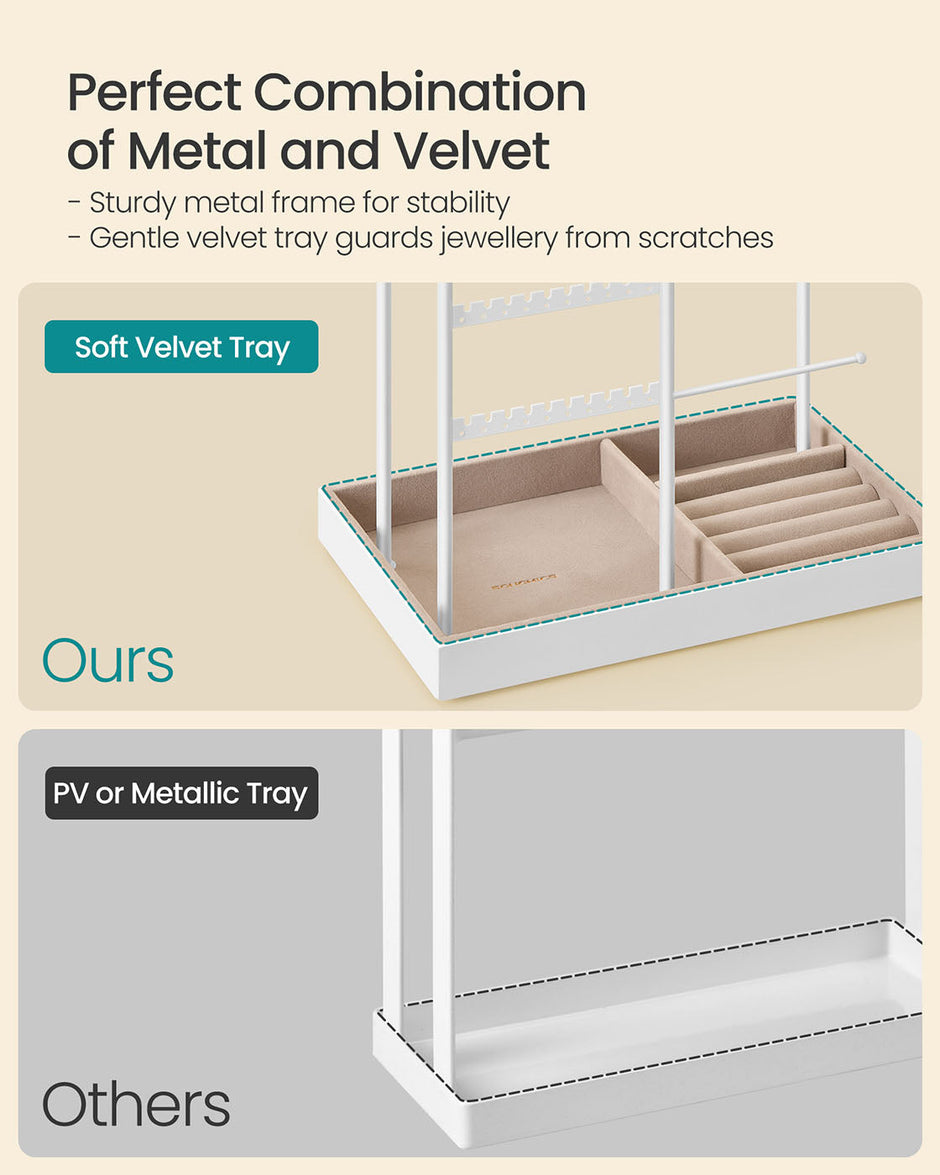 Jewellery Organiser – Metal Frame – Matte White – Velvet Tray with Earring and Bracelet Holders