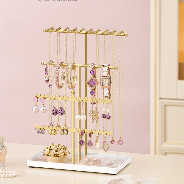 Jewellery Stand – Metal – Pale Gold – Velvet Tray and Organiser for Necklaces, Bracelets, and Earrings