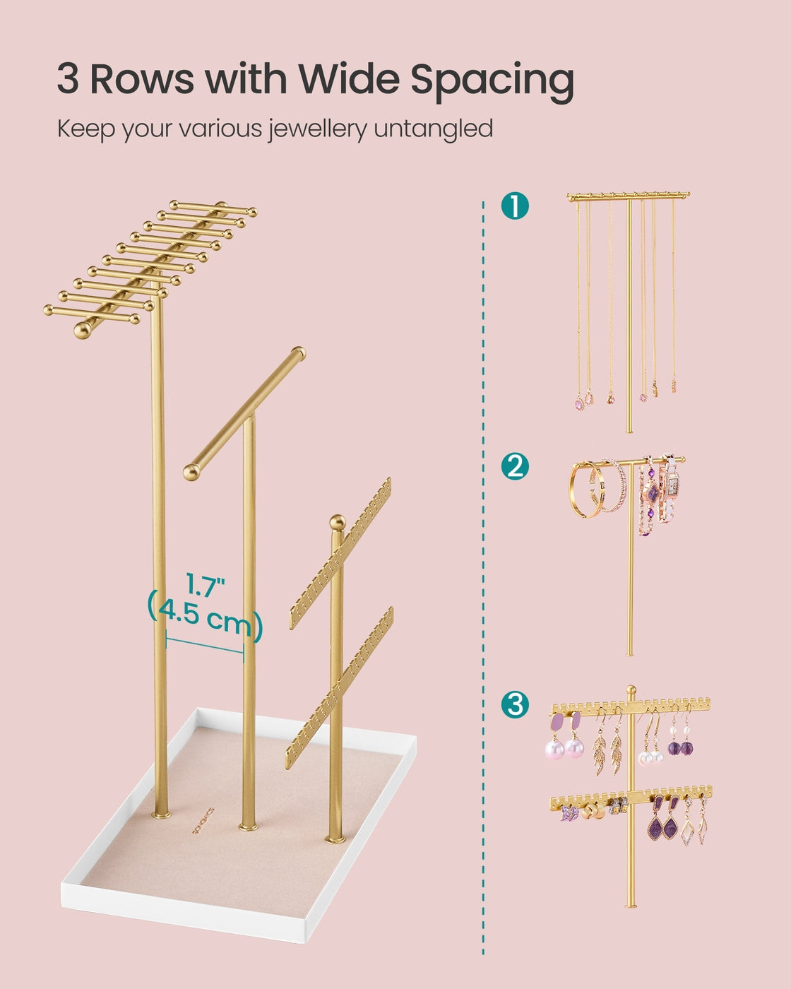 Jewellery Stand – Metal – Pale Gold – Velvet Tray and Organiser for Necklaces, Bracelets, and Earrings