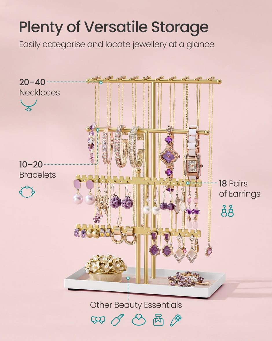 Jewellery Stand – Metal – Pale Gold – Velvet Tray and Organiser for Necklaces, Bracelets, and Earrings