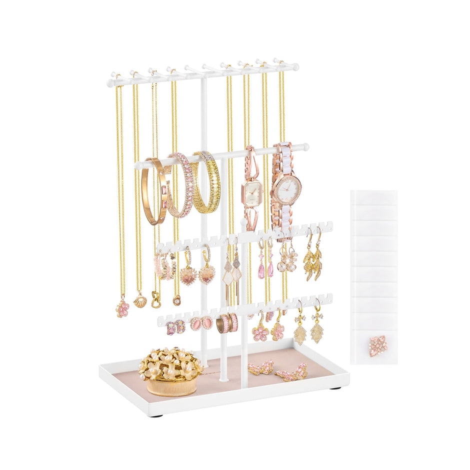 Jewellery Stand – Metal Frame and Velvet Tray – Matte White – Versatile Organiser for Necklaces, Bracelets, Earrings and Rings