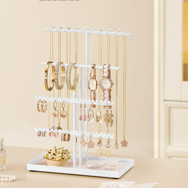 Jewellery Stand – Metal Frame and Velvet Tray – Matte White – Versatile Organiser for Necklaces, Bracelets, Earrings and Rings