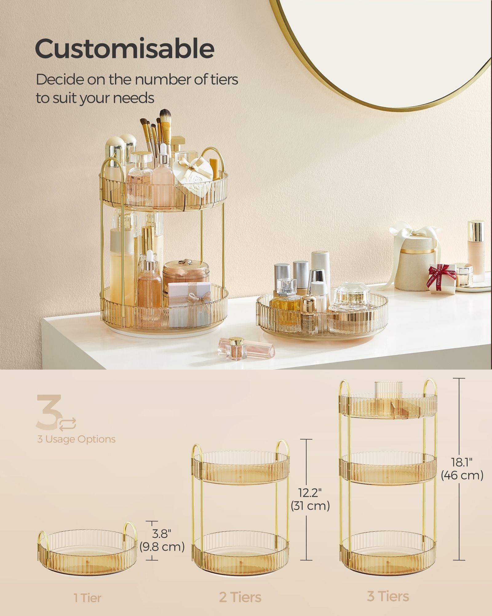 Rotating Makeup Organiser – Plastic – Round – Customisable 3-Tier Design