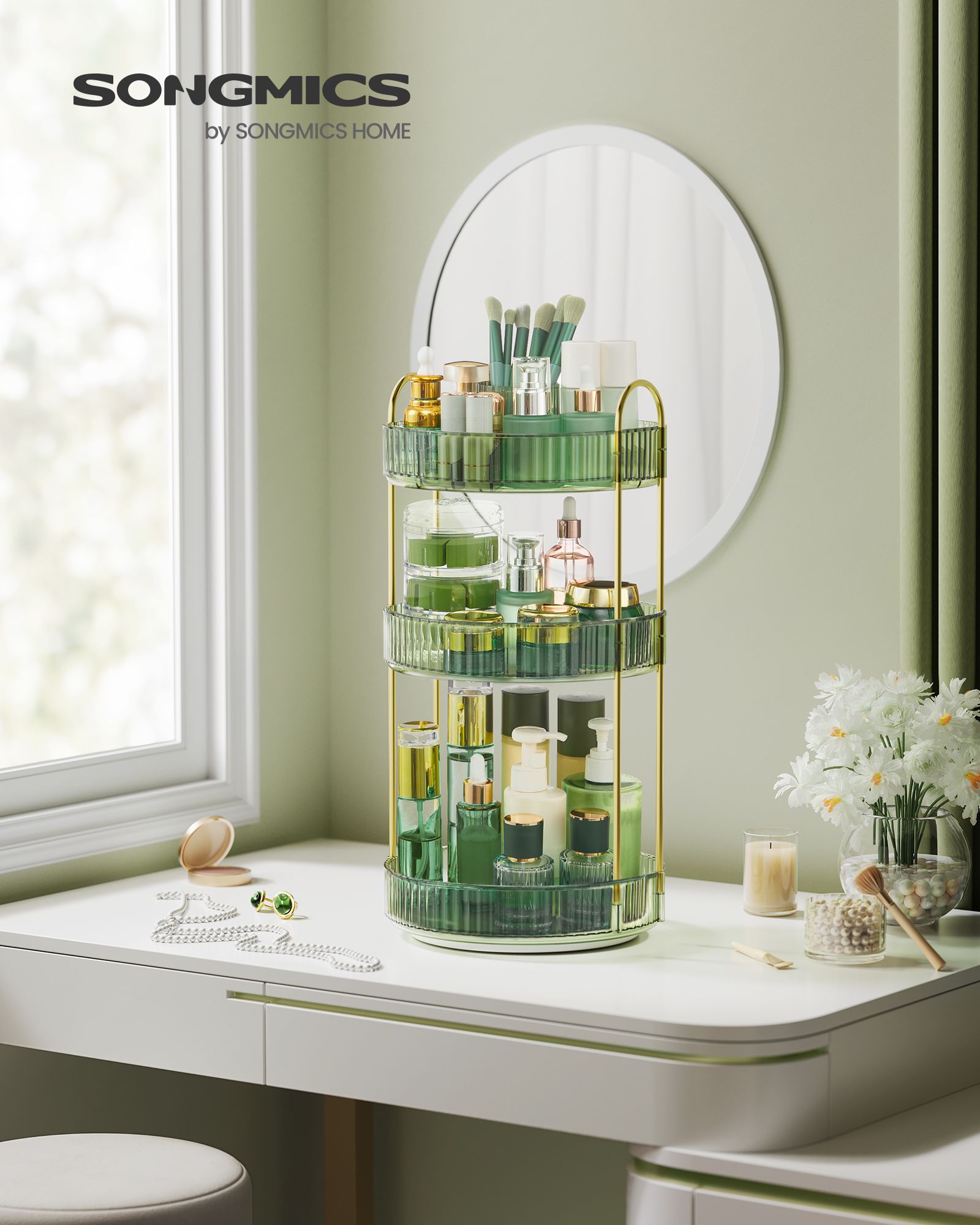 3-Tier Rotating Makeup Organiser – Plastic – Pale Green – Customisable Design