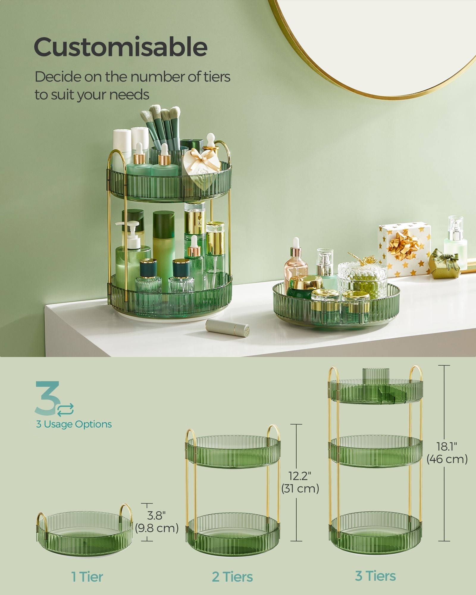 3-Tier Rotating Makeup Organiser – Plastic – Pale Green – Customisable Design