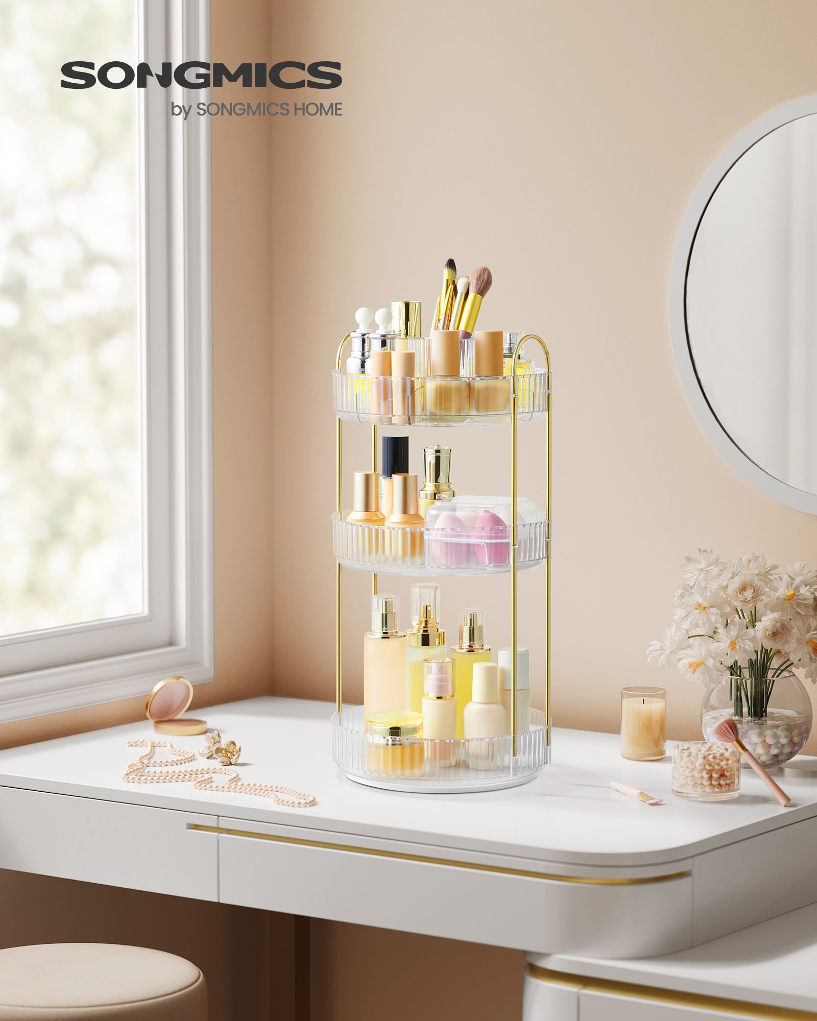 3-Tier Round Rotating Makeup Organiser – Acrylic – Transparent – Customisable