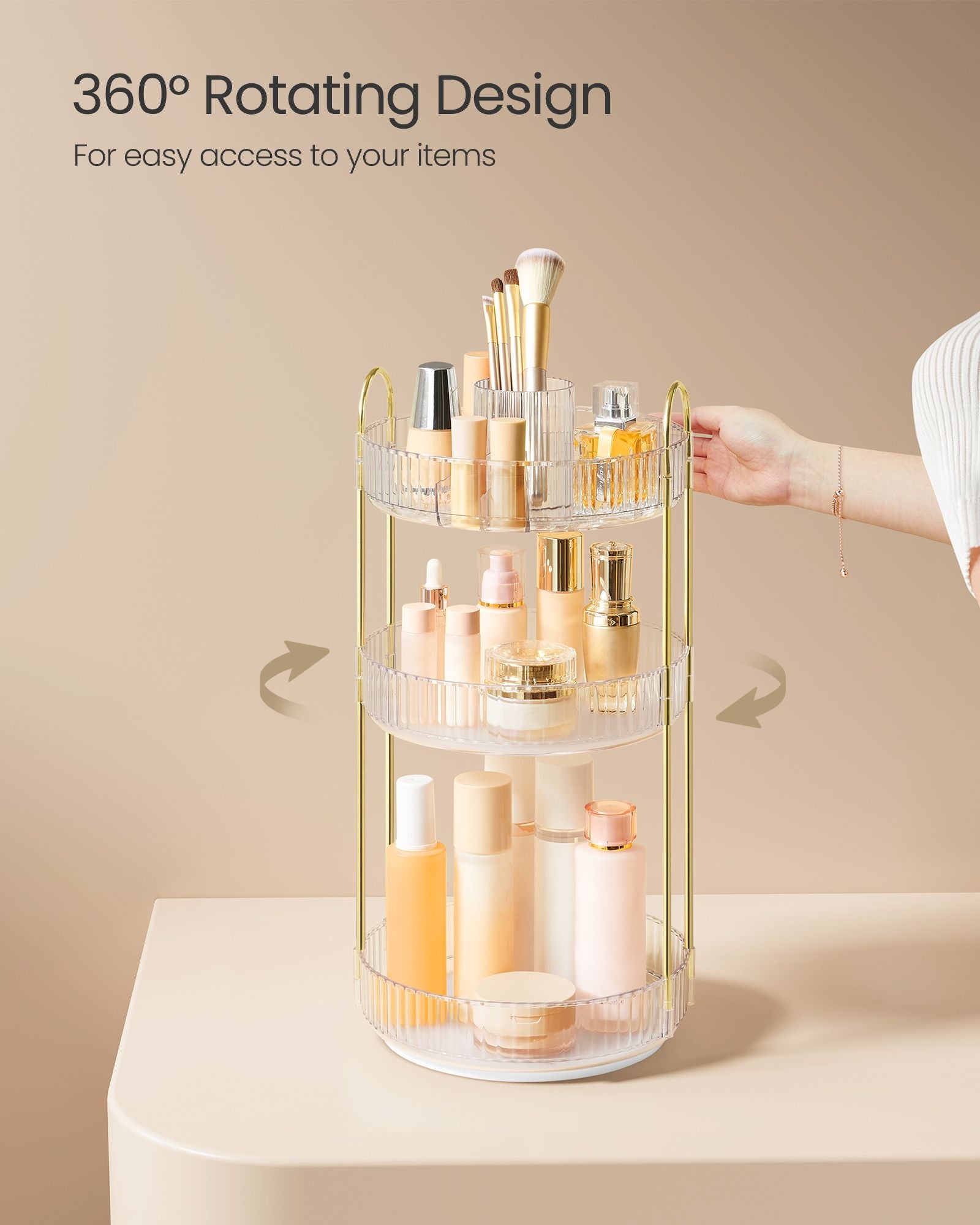 3-Tier Round Rotating Makeup Organiser – Acrylic – Transparent – Customisable