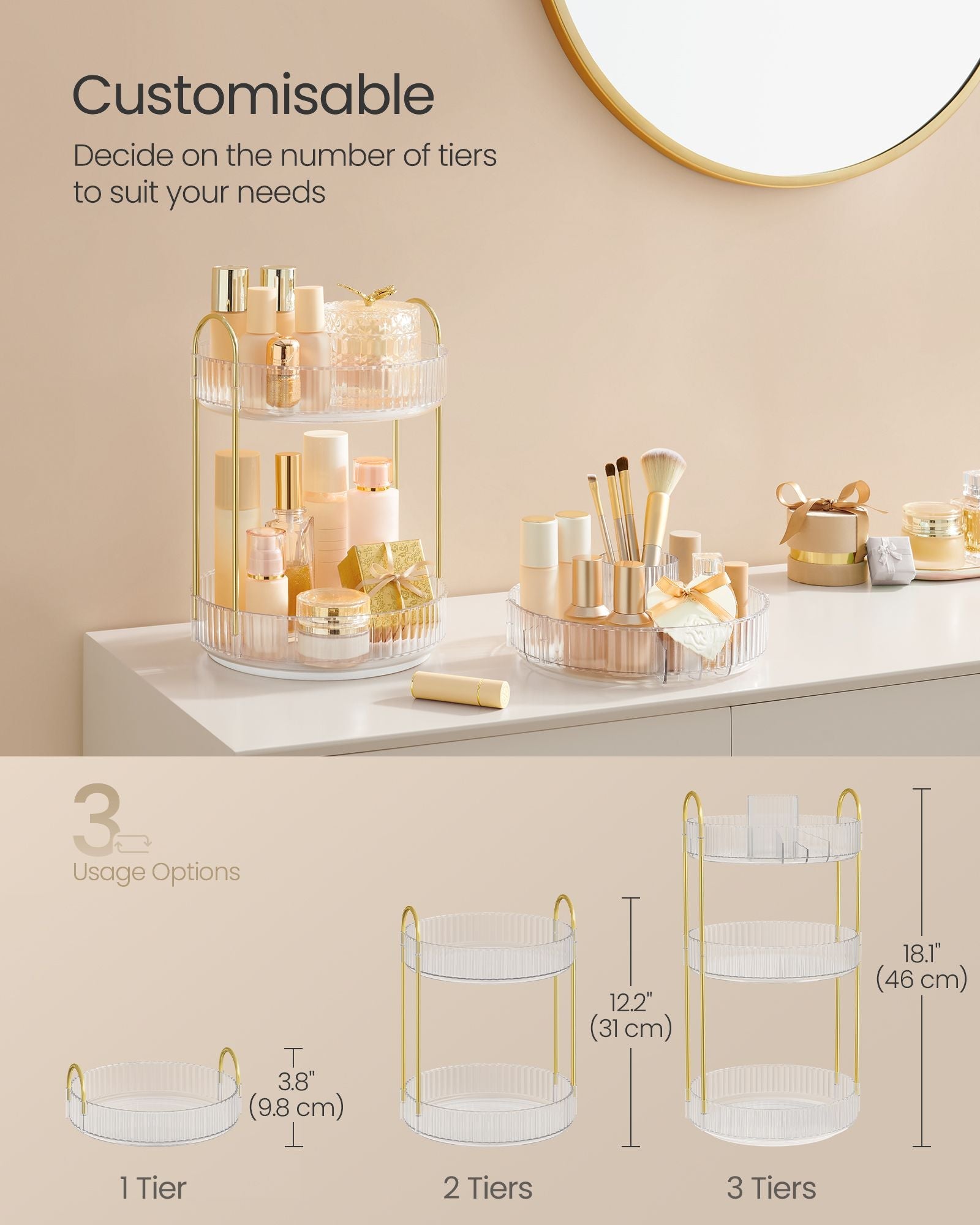3-Tier Round Rotating Makeup Organiser – Acrylic – Transparent – Customisable