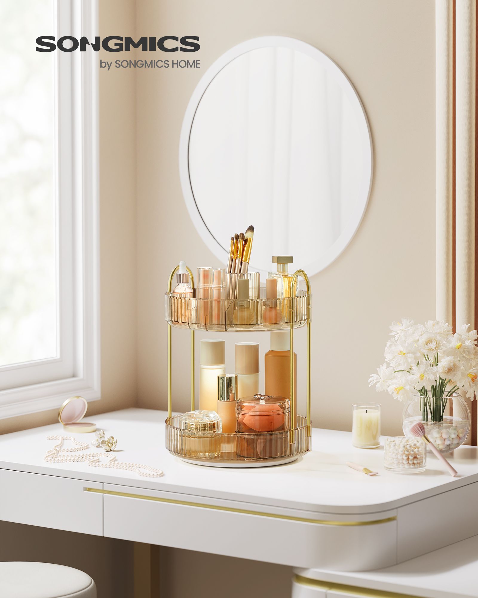 Rotating Makeup Organiser – Metal – Champagne Gold – Customisable 2-Tier Design