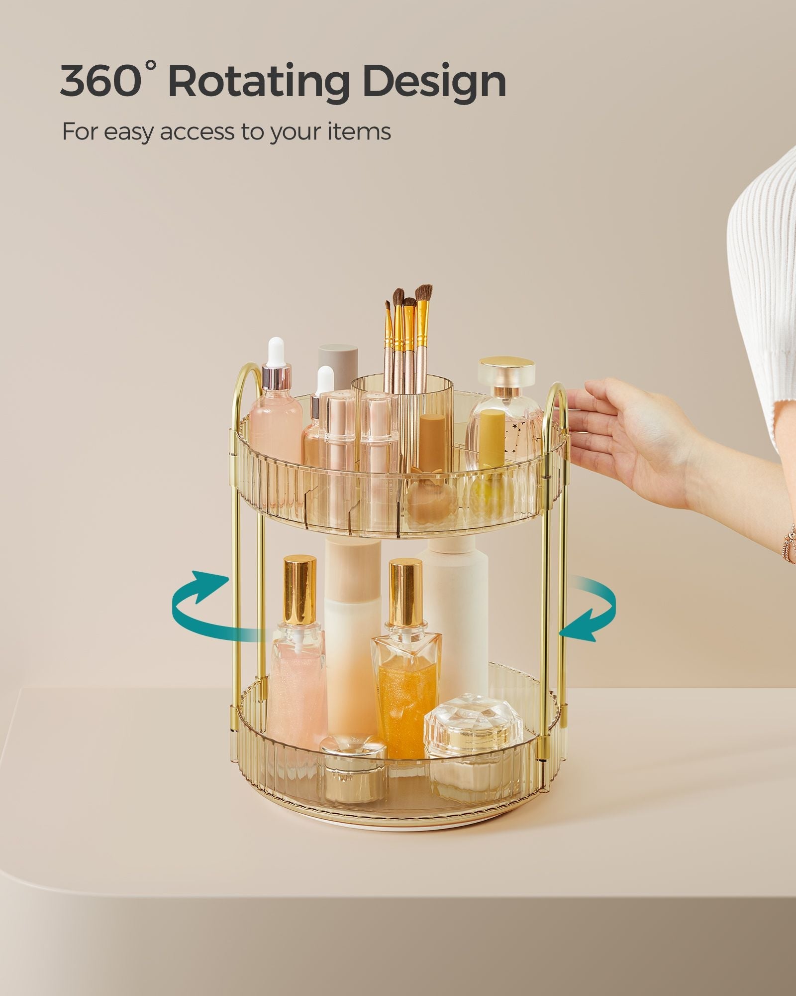 Rotating Makeup Organiser – Metal – Champagne Gold – Customisable 2-Tier Design