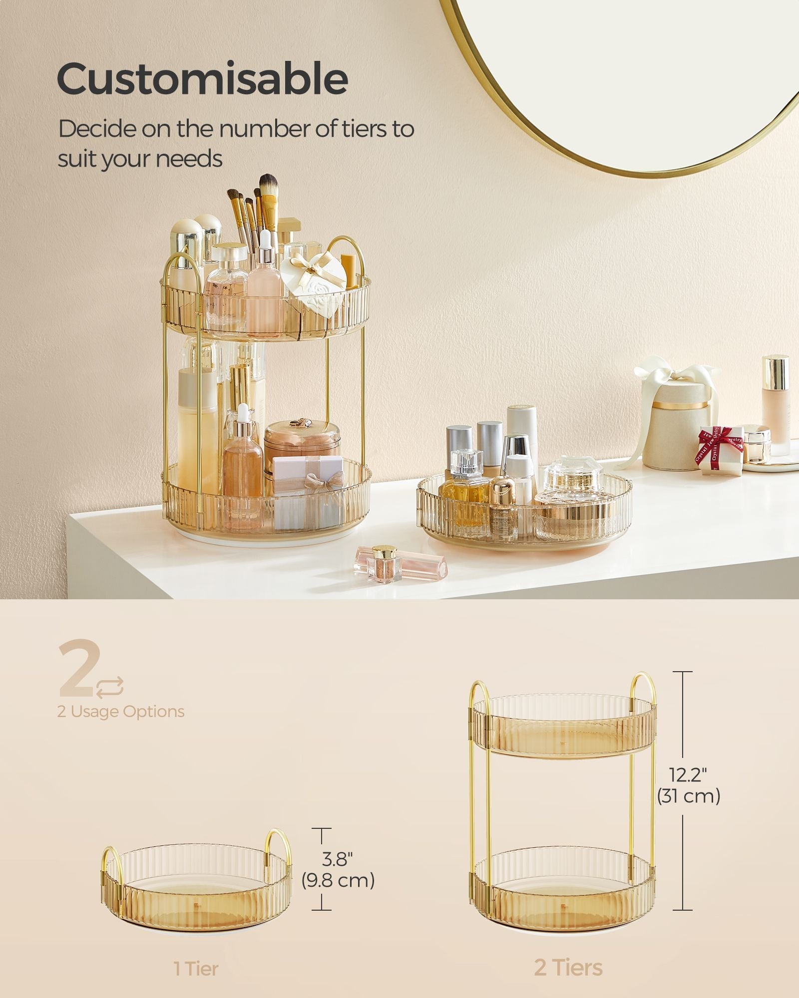Rotating Makeup Organiser – Metal – Champagne Gold – Customisable 2-Tier Design