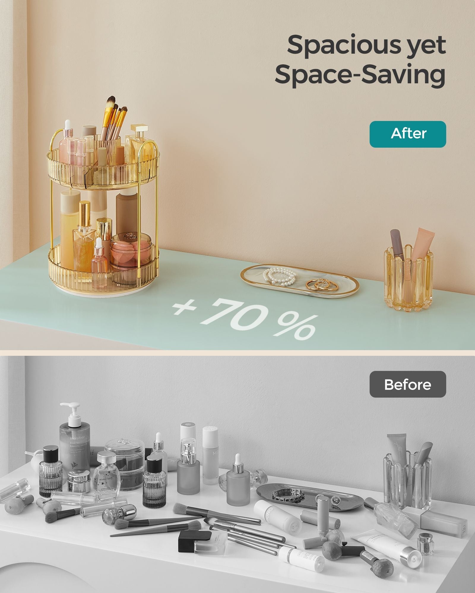 Rotating Makeup Organiser – Metal – Champagne Gold – Customisable 2-Tier Design