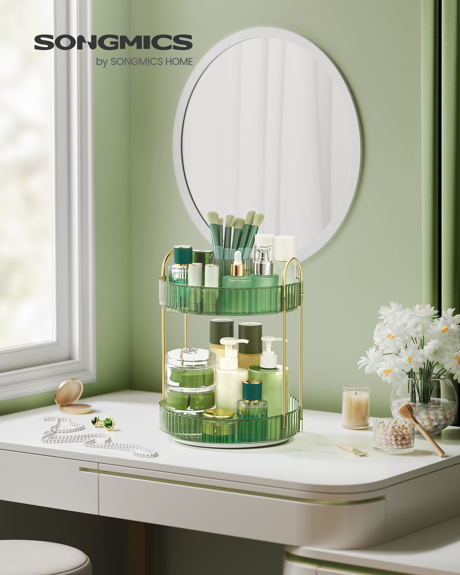 Rotating Makeup Organiser – Plastic – Pale Green – Customisable 2-Tier Design