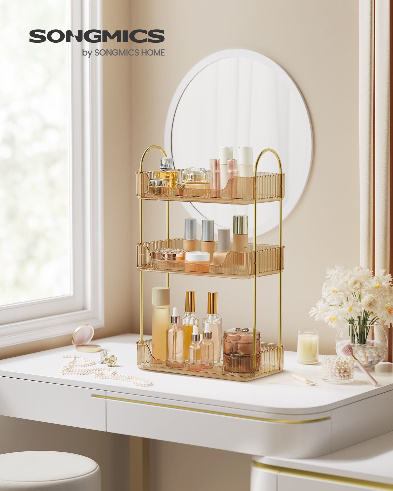 3-Tier Makeup Organiser – Metal – Champagne Gold – Customisable Design