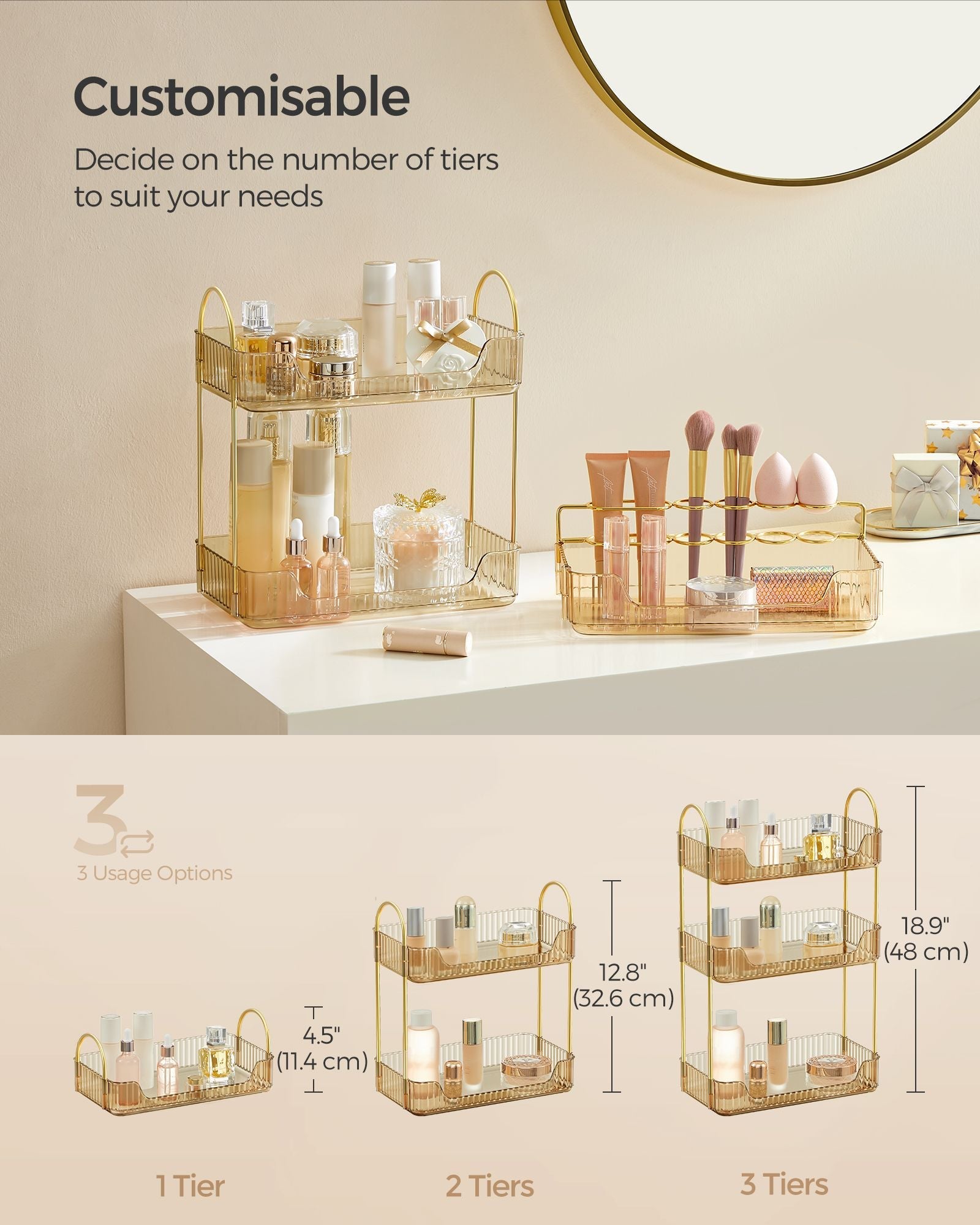 3-Tier Makeup Organiser – Metal – Champagne Gold – Customisable Design