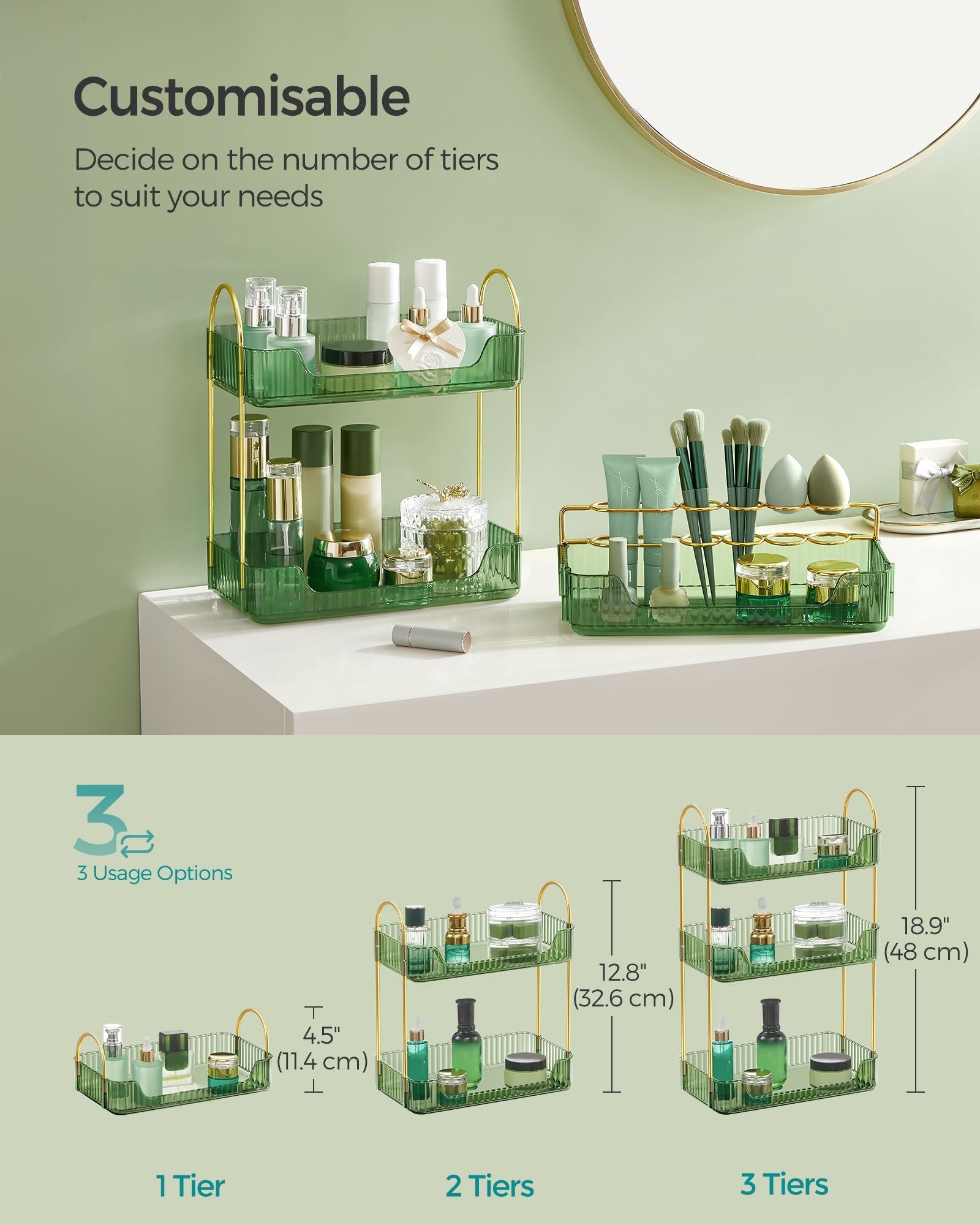 3-Tier Makeup Organiser – Plastic – Pale Green – Customisable Skincare and Jewellery Storage