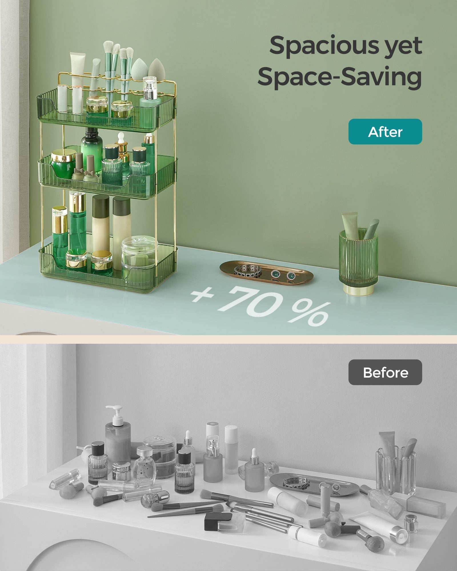 3-Tier Makeup Organiser – Plastic – Pale Green – Customisable Skincare and Jewellery Storage