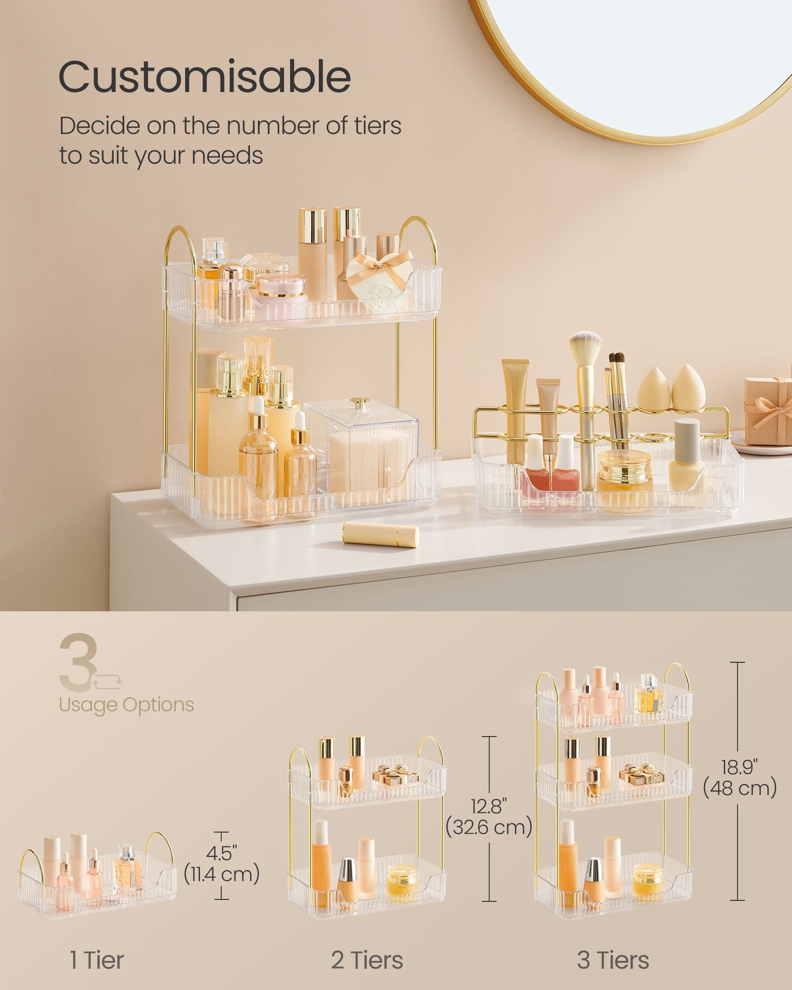 3-Tier Rectangular Makeup Organiser – Acrylic – Transparent – Customisable