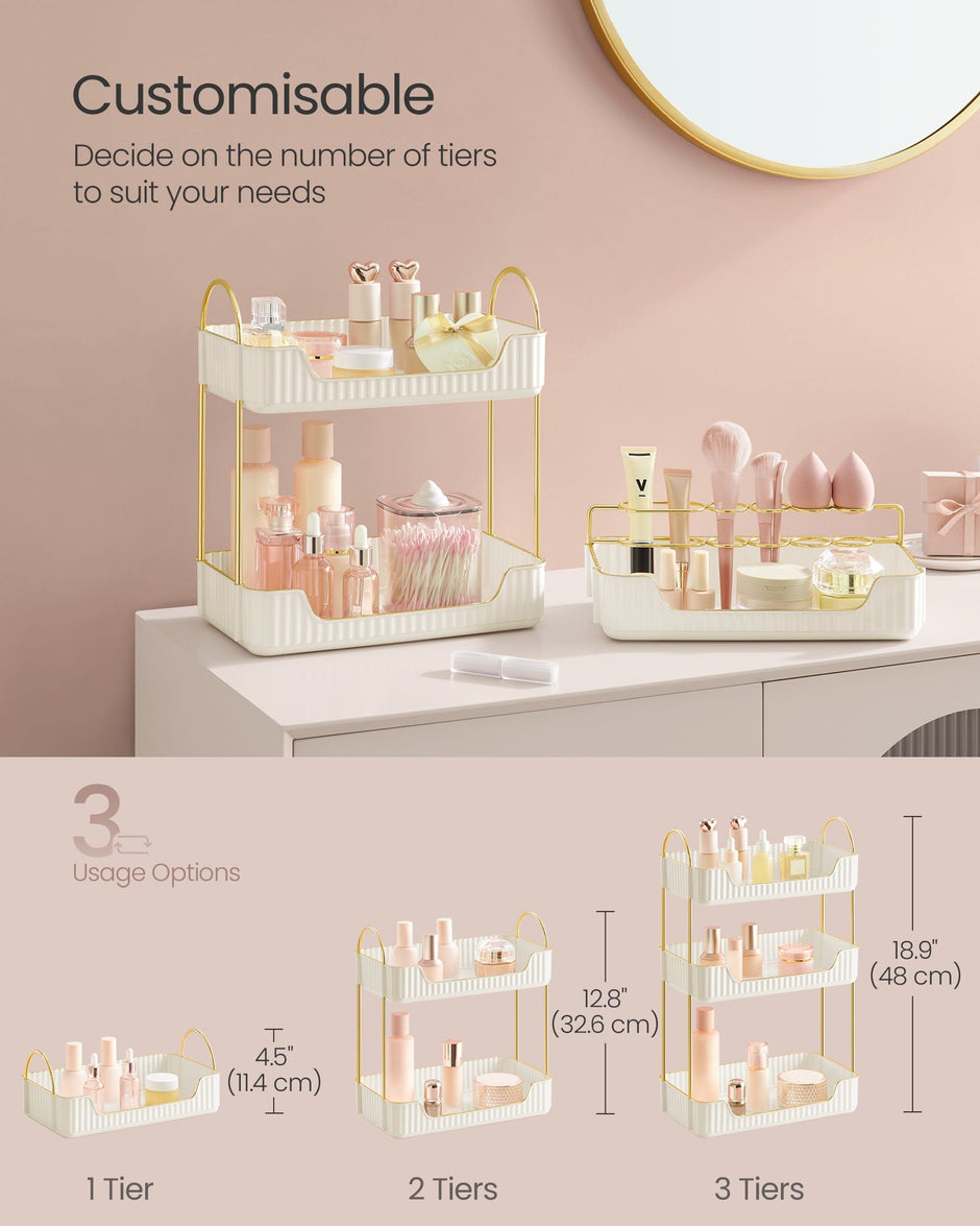 3-Tier Rectangular Makeup Organiser – Acrylic – Cloud White – Customisable Skincare and Jewellery Holder